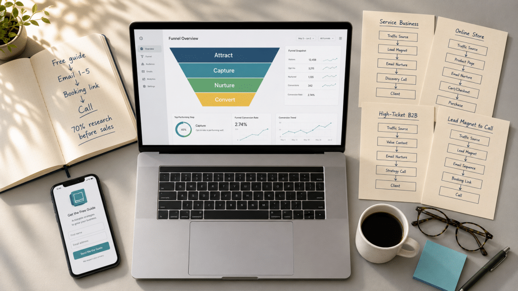 Lead generation funnel templates South Africa — overhead flat-lay of a desk with four printed funnel blueprint cards, a laptop showing a stage-by-stage template, and a notebook mapping a lead magnet to a booked call