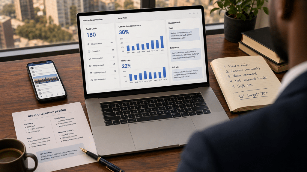 LinkedIn lead generation South Africa — over-the-shoulder view of operator reviewing a LinkedIn prospecting pipeline on laptop showing connection acceptance rates, saved leads, and a personalised outreach message sequence