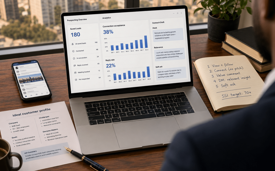 LinkedIn lead generation South Africa — over-the-shoulder view of operator reviewing a LinkedIn prospecting pipeline on laptop showing connection acceptance rates, saved leads, and a personalised outreach message sequence