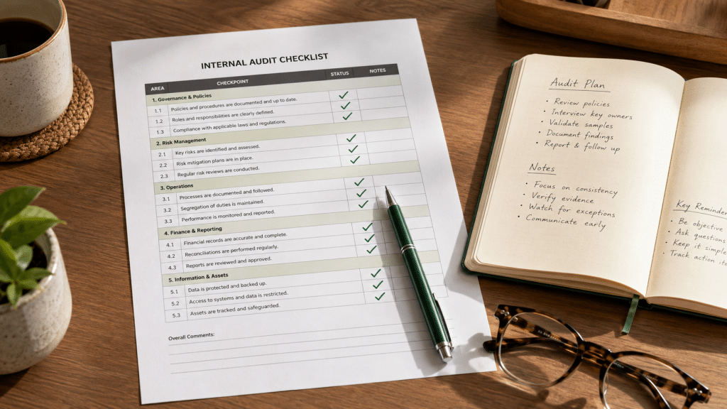 LLM visibility audit laid out as a printed checklist on a desk with tick marks in green pen beside a notebook and reading glasses