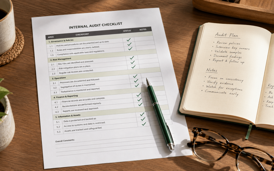 LLM visibility audit laid out as a printed checklist on a desk with tick marks in green pen beside a notebook and reading glasses