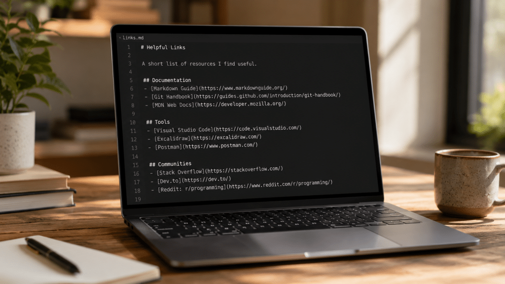 llms.txt guide shown as a plain-text markdown file open in a generic code editor on a laptop screen, warm daylight
