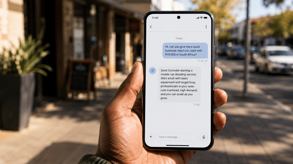 Meta AI WhatsApp shown on a smartphone displaying a generic chat with an AI assistant suggesting a local business, warm daylight