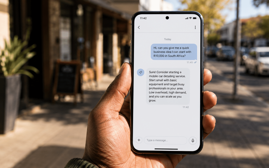 Meta AI WhatsApp shown on a smartphone displaying a generic chat with an AI assistant suggesting a local business, warm daylight
