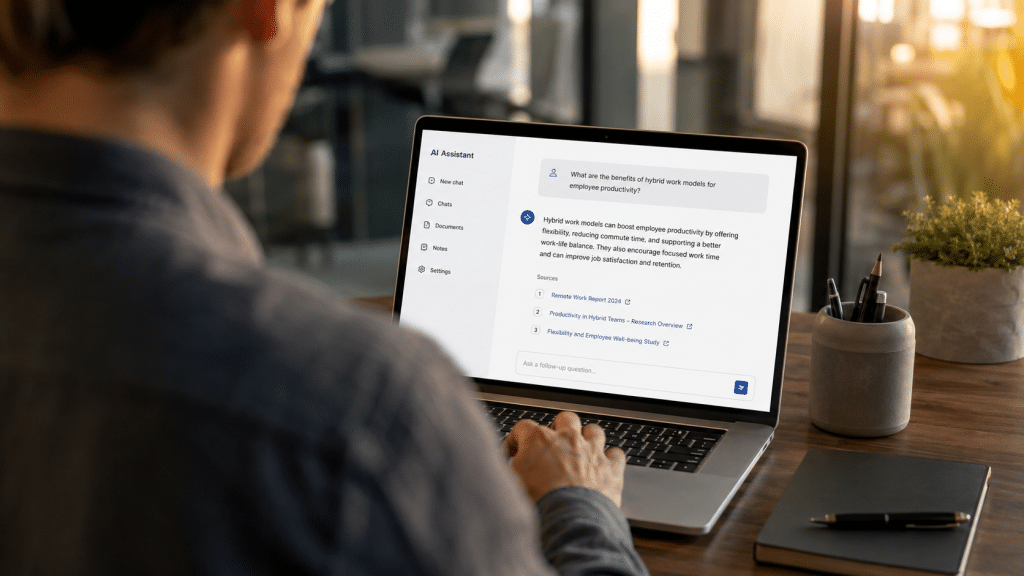 Microsoft Copilot Bing AI shown over the shoulder of a person at a laptop reviewing a generic AI assistant answer with source citations
