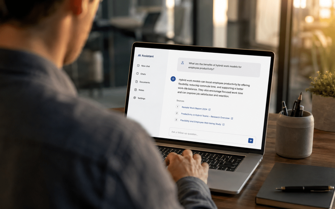 Microsoft Copilot Bing AI shown over the shoulder of a person at a laptop reviewing a generic AI assistant answer with source citations