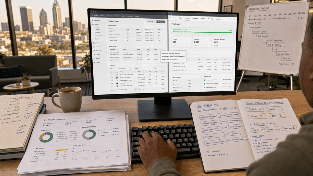 Migrate to Shopify South Africa — over-the-shoulder view of SA ecommerce operator's monitor showing side-by-side migration comparison with legacy platform data on left panel and Shopify admin destination panel on right, with annotated URL redirect map and SA payment gateway reconfiguration checklist visible on adjacent notebook