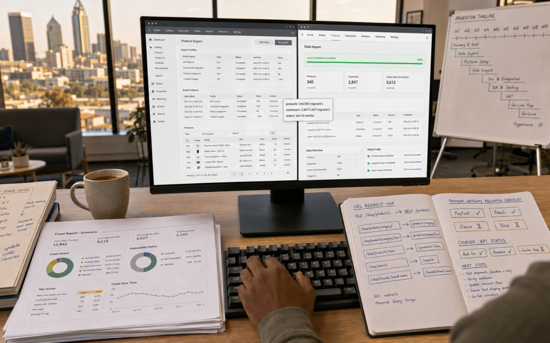 Migrate to Shopify South Africa — over-the-shoulder view of SA ecommerce operator's monitor showing side-by-side migration comparison with legacy platform data on left panel and Shopify admin destination panel on right, with annotated URL redirect map and SA payment gateway reconfiguration checklist visible on adjacent notebook