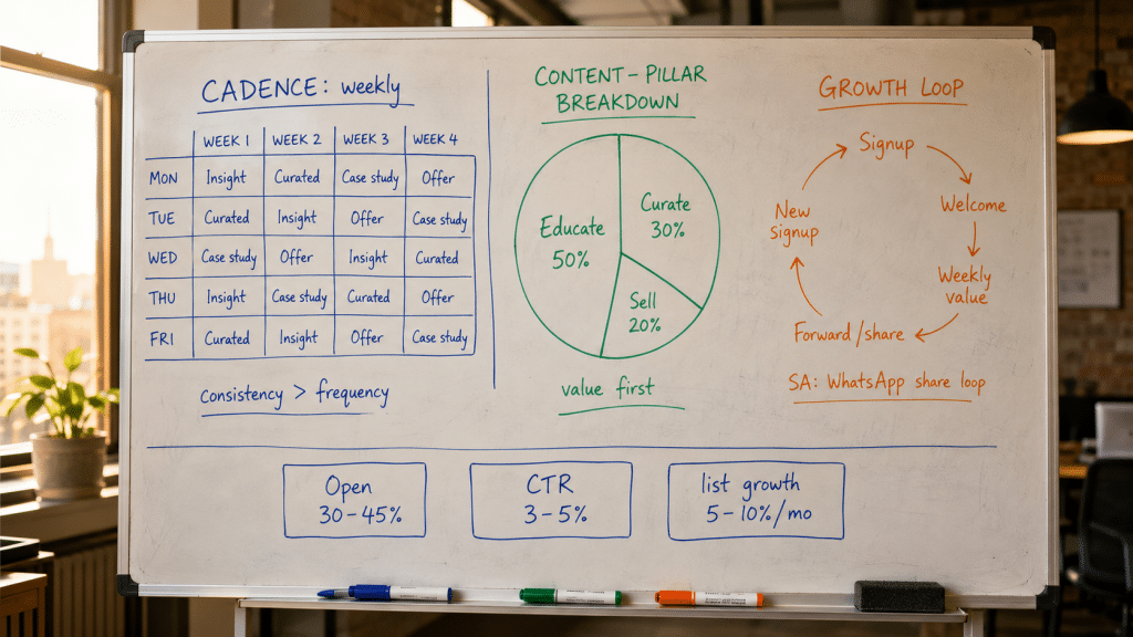 Newsletter strategy South Africa — whiteboard with hand-drawn editorial calendar, content-pillar mix, cadence plan, and growth-loop diagram for a recurring SA business newsletter