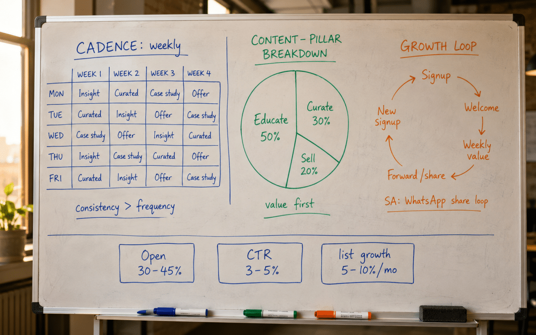 Newsletter strategy South Africa — whiteboard with hand-drawn editorial calendar, content-pillar mix, cadence plan, and growth-loop diagram for a recurring SA business newsletter