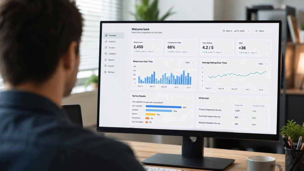 original research ai citations shown over the shoulder of a person reviewing a data dashboard of charts and survey results on a monitor