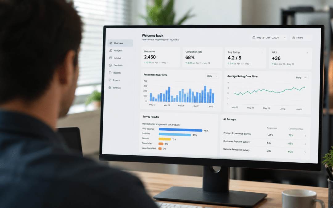 original research ai citations shown over the shoulder of a person reviewing a data dashboard of charts and survey results on a monitor