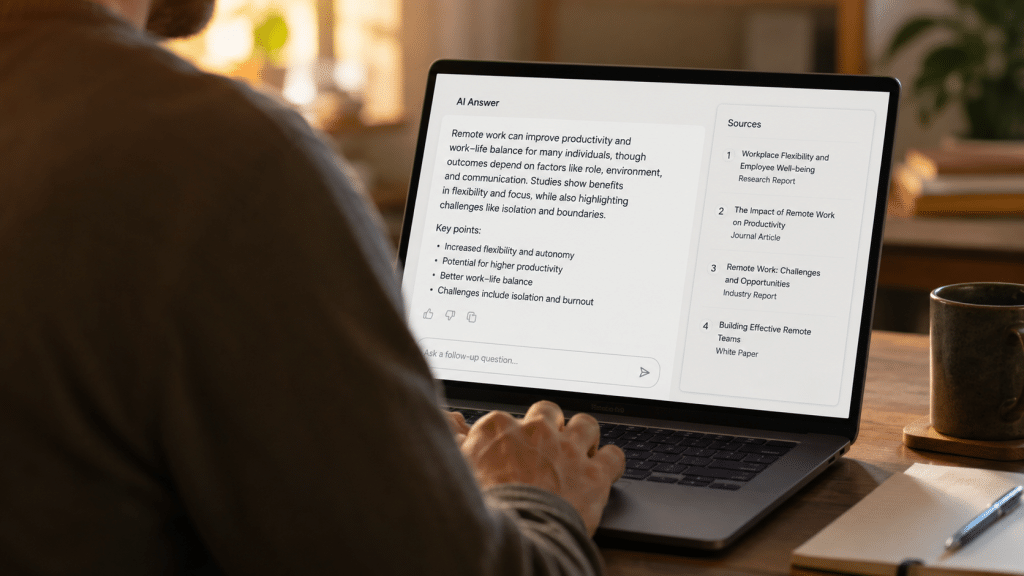 Perplexity optimisation shown over the shoulder of a person at a laptop reviewing a generic AI answer with numbered source citations