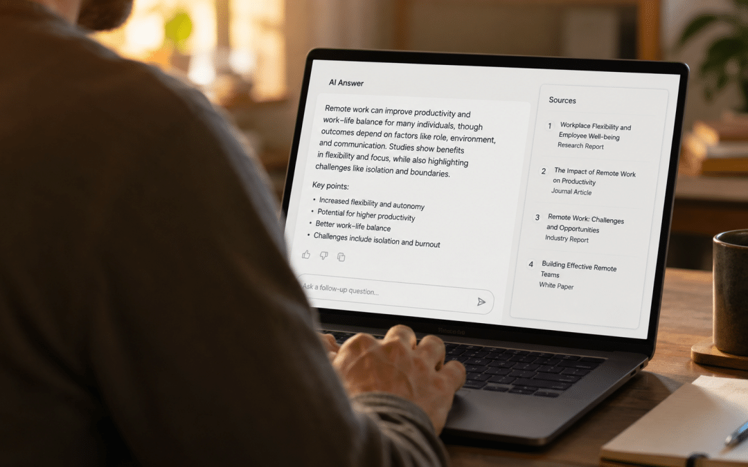 Perplexity optimisation shown over the shoulder of a person at a laptop reviewing a generic AI answer with numbered source citations