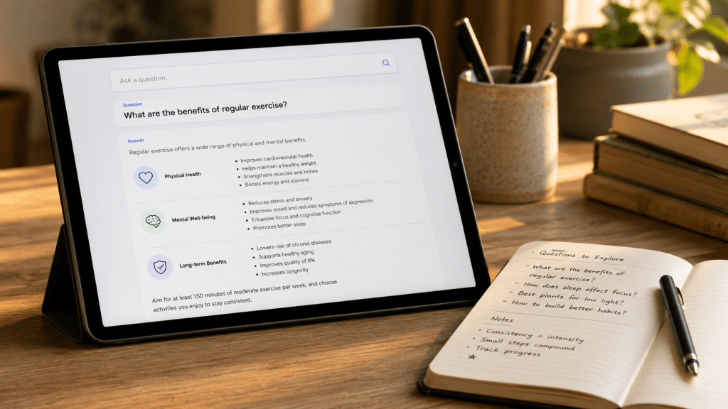 question based content strategy shown as a tablet propped beside an open notebook listing customer questions, with a generic search-and-answer interface on screen