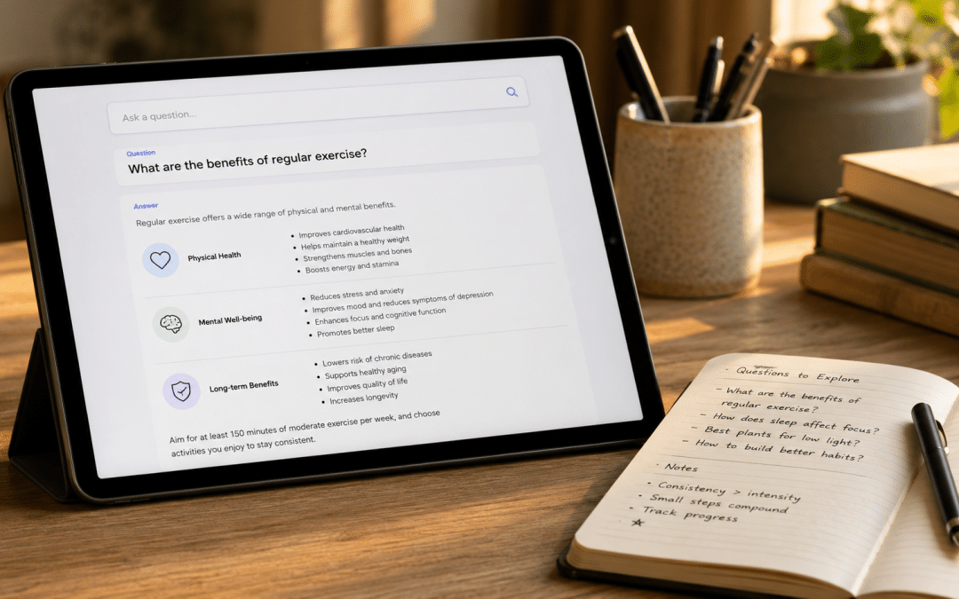 question based content strategy shown as a tablet propped beside an open notebook listing customer questions, with a generic search-and-answer interface on screen