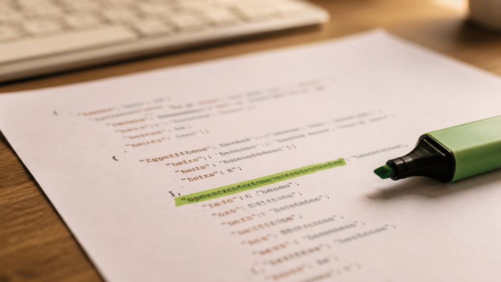 Schema for AI search shown as a close-up printed sheet of generic structured data code beside a highlighter and the corner of a keyboard