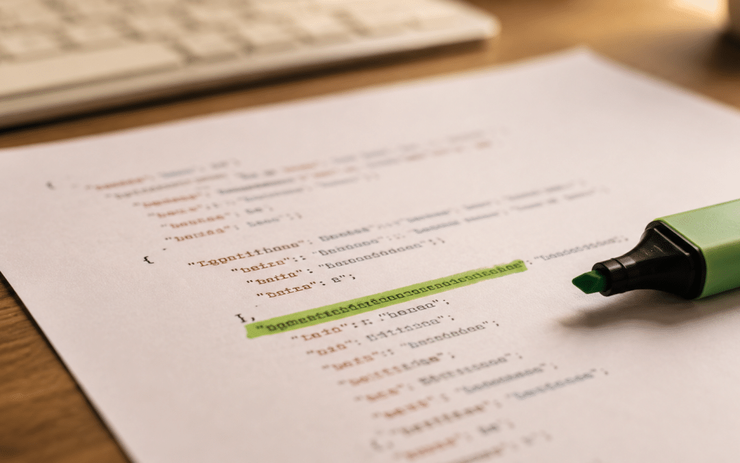 Schema for AI search shown as a close-up printed sheet of generic structured data code beside a highlighter and the corner of a keyboard