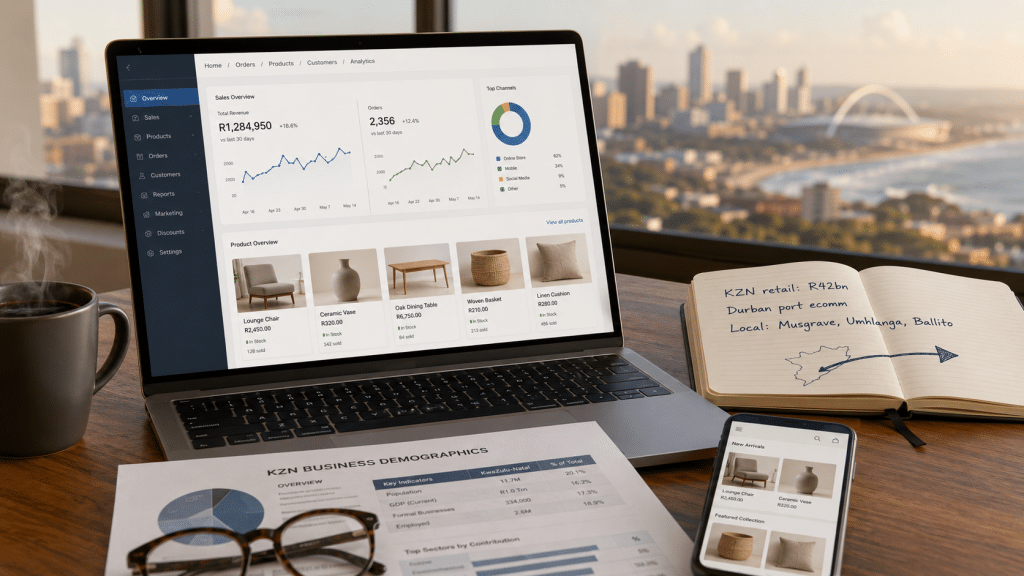 Shopify agency Durban — laptop showing generic Shopify store admin dashboard on modern wooden desk with Durban skyline visible through window in background alongside notebook with Durban ecommerce strategy notes