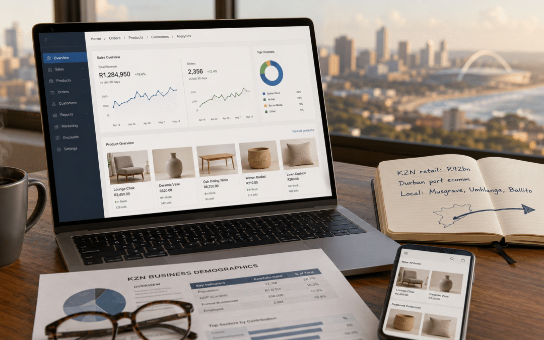 Shopify agency Durban — laptop showing generic Shopify store admin dashboard on modern wooden desk with Durban skyline visible through window in background alongside notebook with Durban ecommerce strategy notes