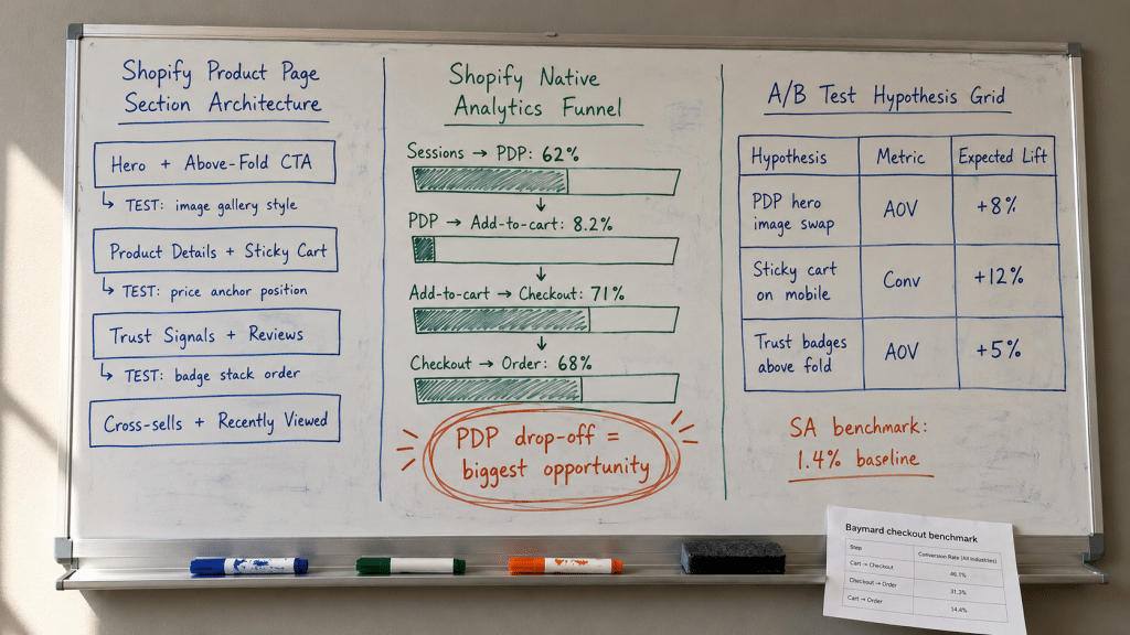 Shopify CRO South Africa — whiteboard covered in hand-drawn Shopify-specific conversion optimisation framework showing product page section architecture on left, native Shopify analytics funnel breakdown in centre, and A/B test hypothesis grid on right with SA store benchmark data