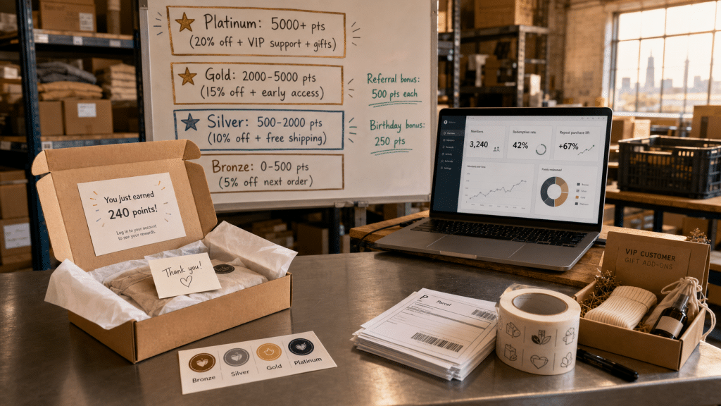 Shopify loyalty rewards South Africa — environmental shot of small ecommerce warehouse packing station with printed loyalty program tier ladder pinned to wall showing Bronze Silver Gold Platinum tiers alongside VIP customer packaging supplies branded with points earning stickers and gift note cards