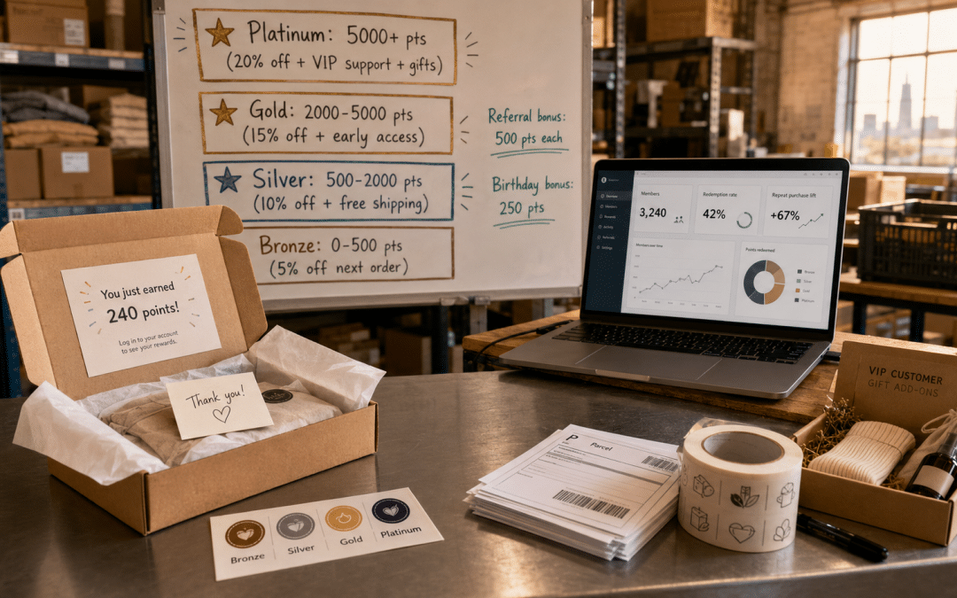 Shopify loyalty rewards South Africa — environmental shot of small ecommerce warehouse packing station with printed loyalty program tier ladder pinned to wall showing Bronze Silver Gold Platinum tiers alongside VIP customer packaging supplies branded with points earning stickers and gift note cards