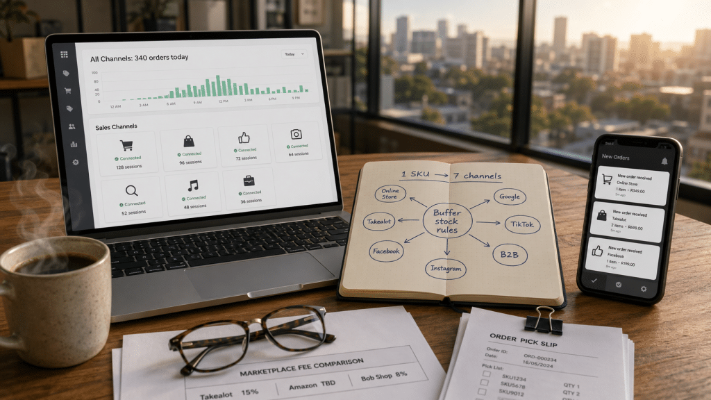 Shopify multichannel South Africa — laptop and mobile device on wooden desk showing multi-channel sales dashboard with connected marketplace channels including Takealot Facebook Shop Instagram Google Shopping and TikTok Shop, alongside notebook with inventory sync diagram