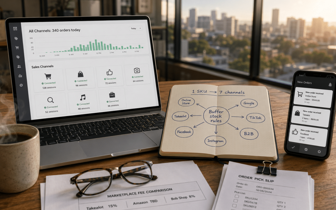 Shopify multichannel South Africa — laptop and mobile device on wooden desk showing multi-channel sales dashboard with connected marketplace channels including Takealot Facebook Shop Instagram Google Shopping and TikTok Shop, alongside notebook with inventory sync diagram