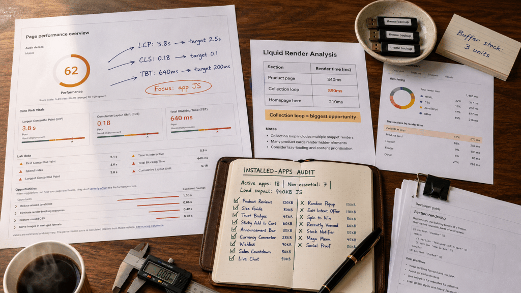 Shopify speed optimisation South Africa — flat-lay desk view of Shopify performance audit materials including PageSpeed Insights report printouts, theme code review notebook with Liquid render time annotations, and installed apps audit checklist with SA store diagnostic data