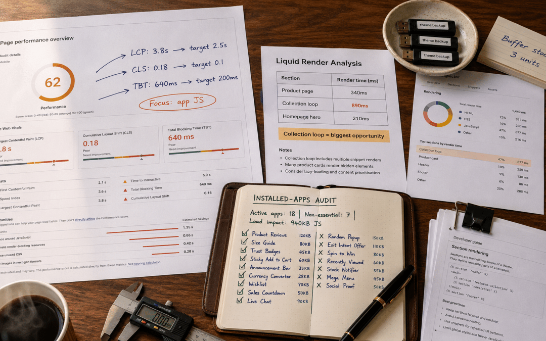 Shopify speed optimisation South Africa — flat-lay desk view of Shopify performance audit materials including PageSpeed Insights report printouts, theme code review notebook with Liquid render time annotations, and installed apps audit checklist with SA store diagnostic data