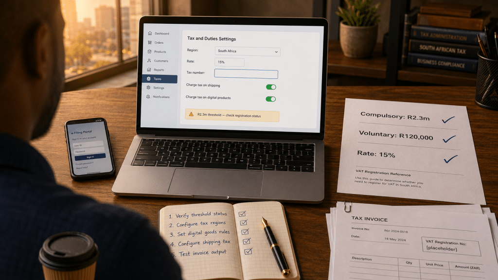Shopify tax VAT South Africa — over-the-shoulder view of operator working through Shopify admin tax settings screen with SA VAT configuration showing 15% rate and R2.3 million threshold reference documents on desk