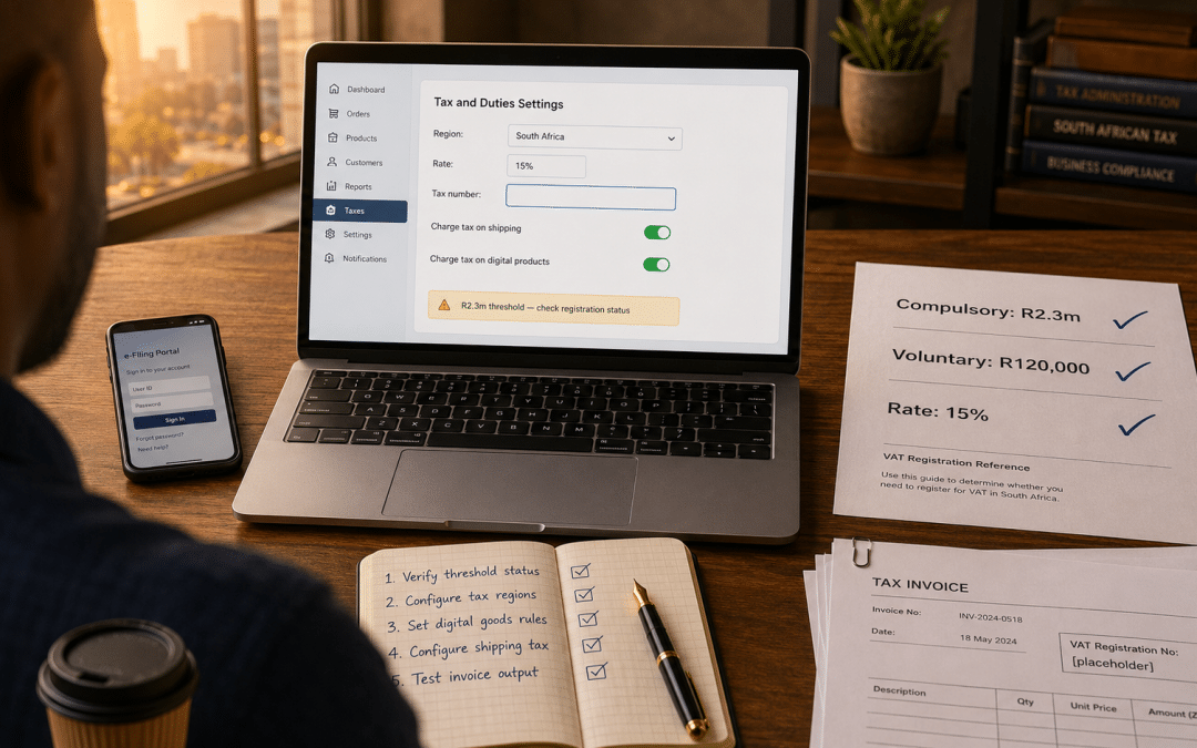 Shopify tax VAT South Africa — over-the-shoulder view of operator working through Shopify admin tax settings screen with SA VAT configuration showing 15% rate and R2.3 million threshold reference documents on desk