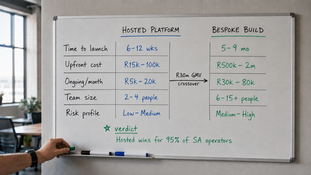 Shopify vs custom build south africa — whiteboard decision matrix comparing hosted platform vs bespoke build with SA cost columns