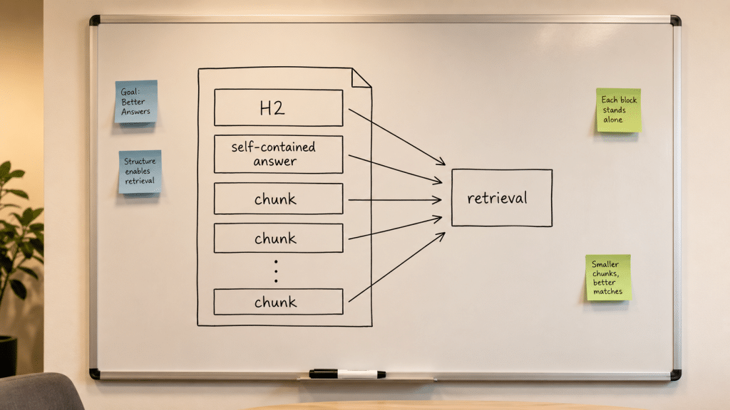 structuring content for ai retrieval shown as a whiteboard diagram of a page broken into labelled self-contained content chunks with headings and arrows to a retrieval box