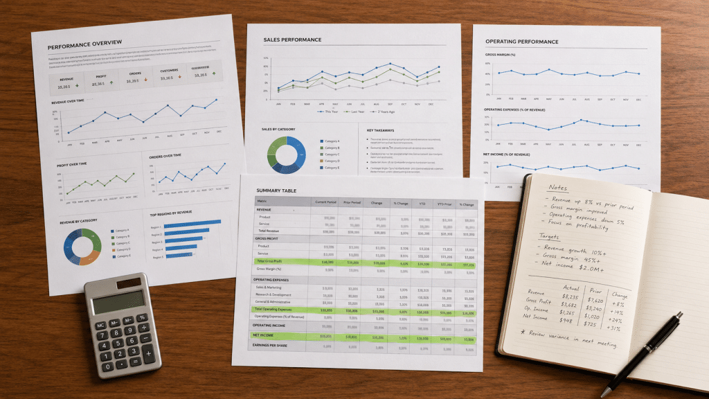 Track AI traffic illustrated as printed performance charts on a desk with query rows highlighted in green beside a calculator and notebook