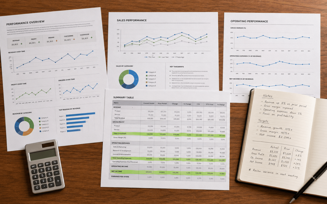Track AI traffic illustrated as printed performance charts on a desk with query rows highlighted in green beside a calculator and notebook