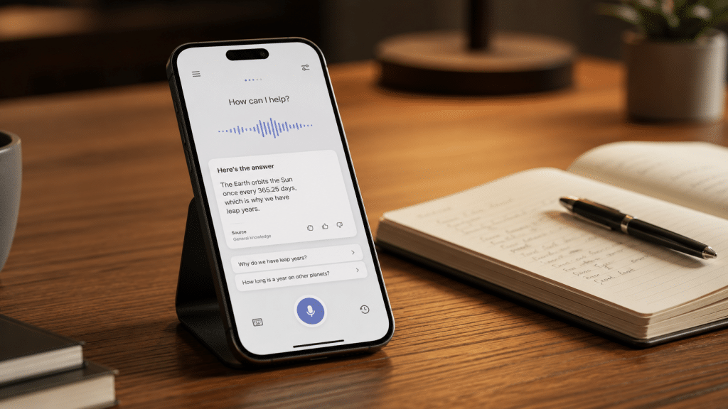 Voice search vs AI search compared on a smartphone propped beside a notebook showing a generic assistant answer screen, warm side light