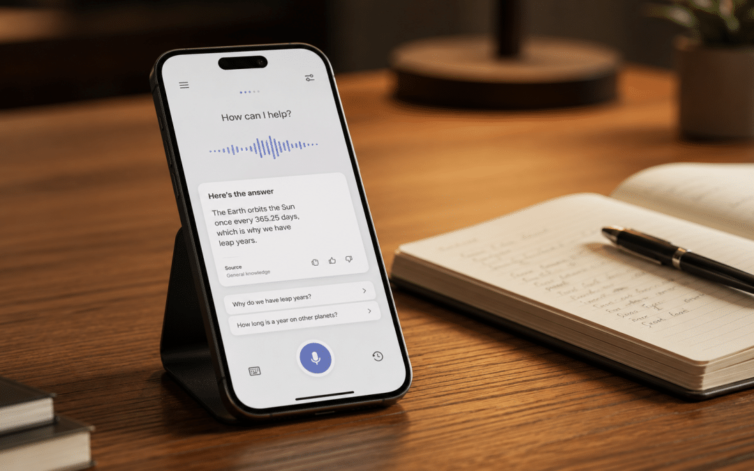 Voice search vs AI search compared on a smartphone propped beside a notebook showing a generic assistant answer screen, warm side light