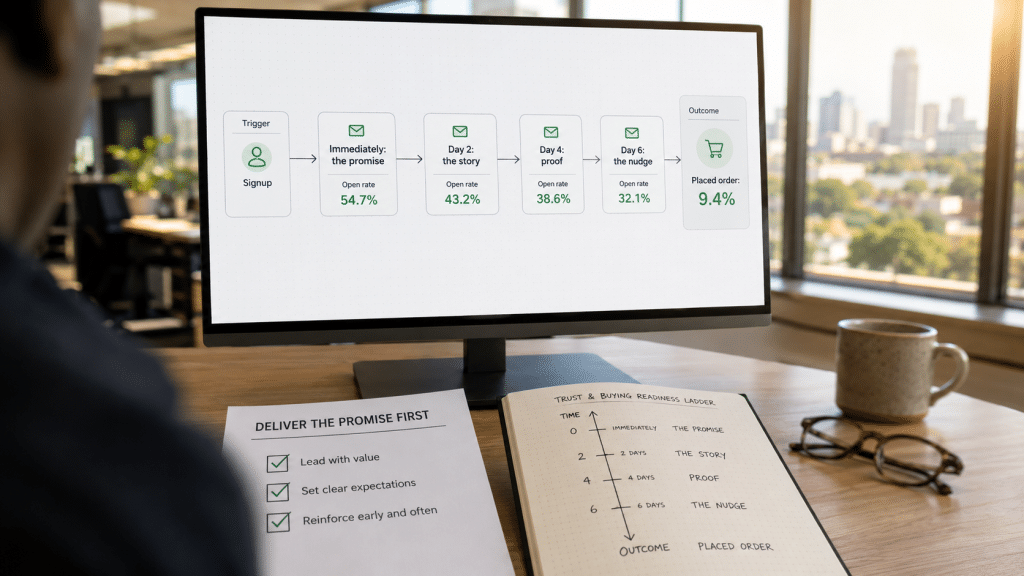 Welcome email sequence South Africa — over-the-shoulder view of a marketer reviewing a four-email onboarding flow builder with timing delays and open rates beside a printed signup-promise checklist