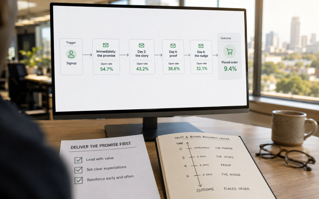 Welcome email sequence South Africa — over-the-shoulder view of a marketer reviewing a four-email onboarding flow builder with timing delays and open rates beside a printed signup-promise checklist
