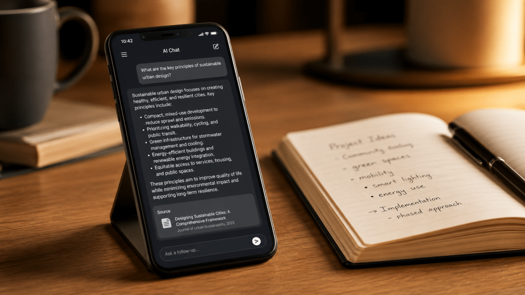 What is answer engine optimisation shown on a smartphone propped at an angle displaying a generic AI chat response, beside an open notebook and pen