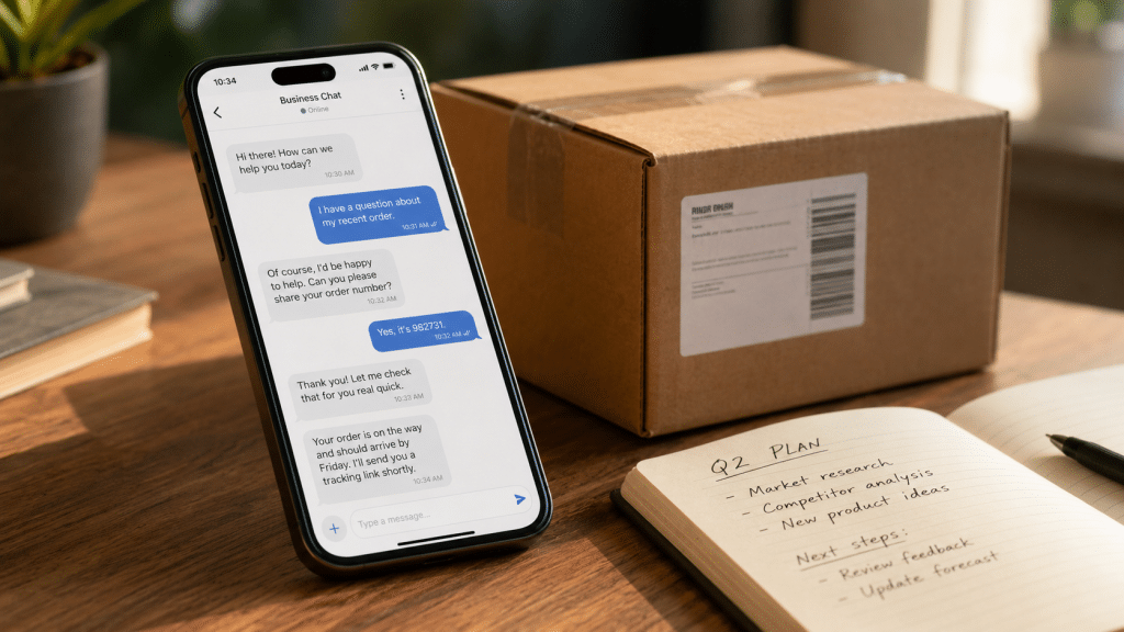 WhatsApp marketing Durban shown as a phone displaying a business chat beside a delivery parcel on a desk