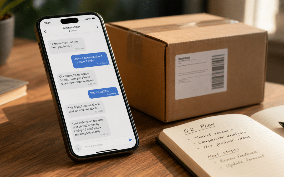 WhatsApp marketing Durban shown as a phone displaying a business chat beside a delivery parcel on a desk