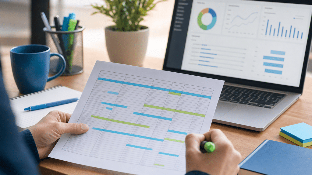 301 redirect SEO checklist — professional reviewing a URL redirect mapping spreadsheet