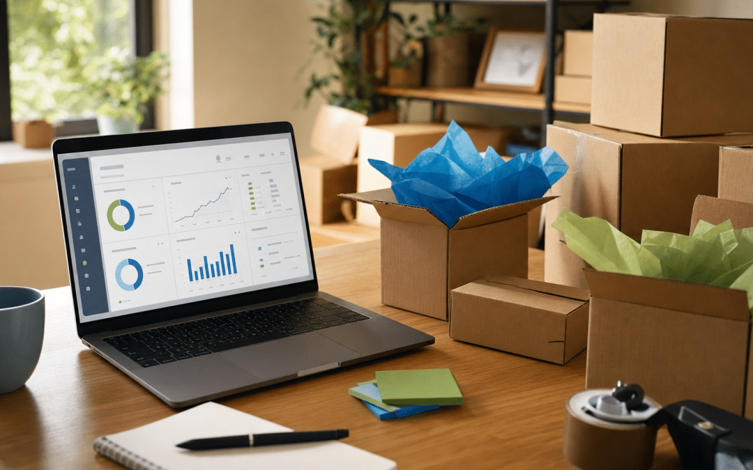 aeo for ecommerce — South African online store analytics on laptop with branded shipping boxes