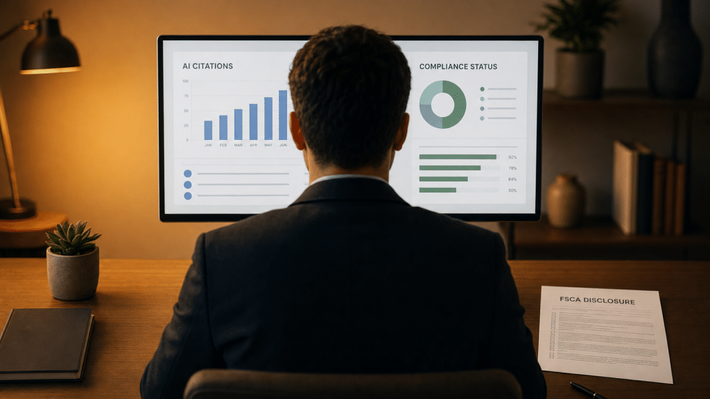 AEO for financial services dashboard showing AI citation tracking and compliance status on a monitor at a desk with FSCA disclosure document