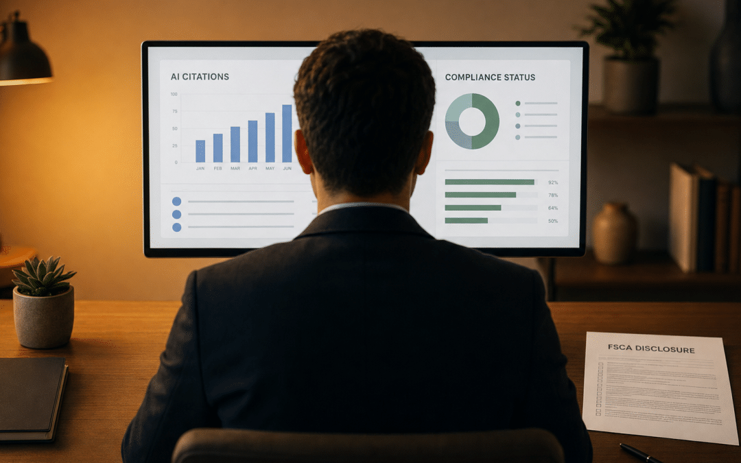 AEO for financial services dashboard showing AI citation tracking and compliance status on a monitor at a desk with FSCA disclosure document