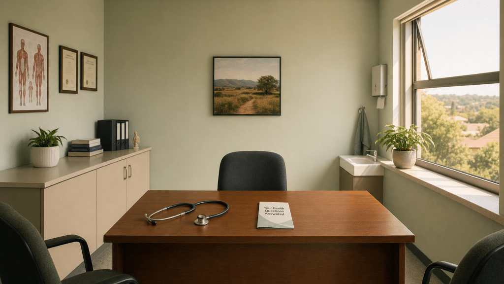 AEO for healthcare — a South African GP consulting room desk with a stethoscope and patient information pamphlet in warm afternoon light