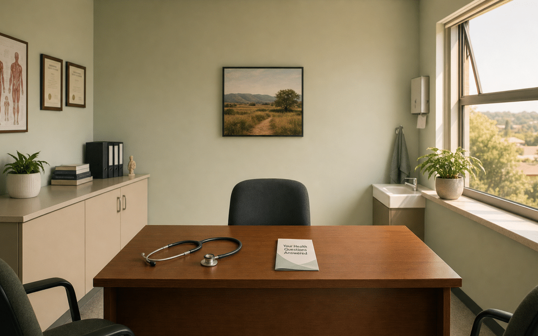AEO for healthcare — a South African GP consulting room desk with a stethoscope and patient information pamphlet in warm afternoon light